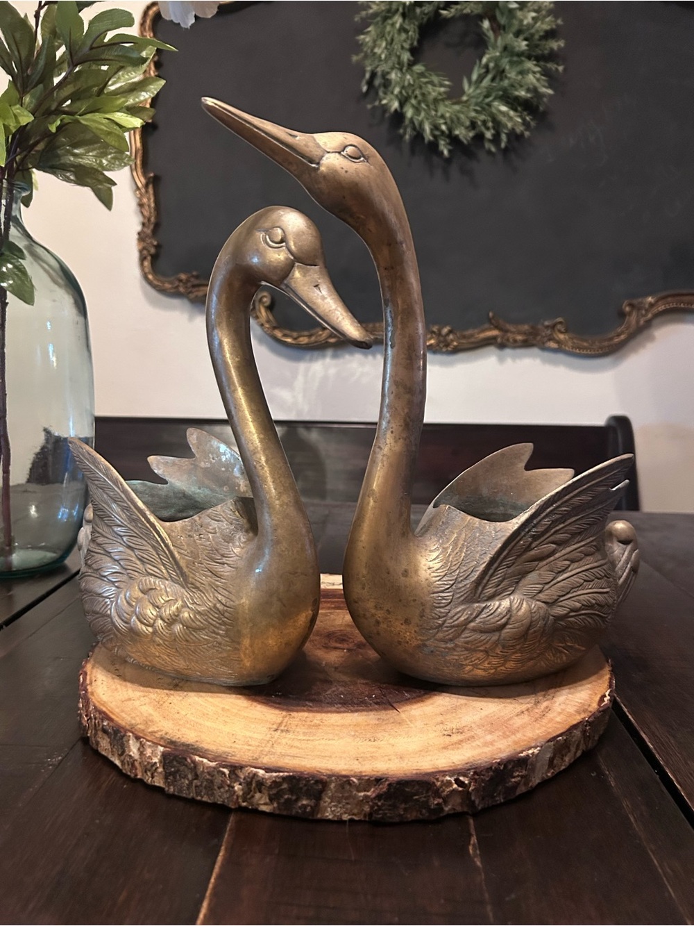 Brass Swan Pair Sculptures - Gold Tone